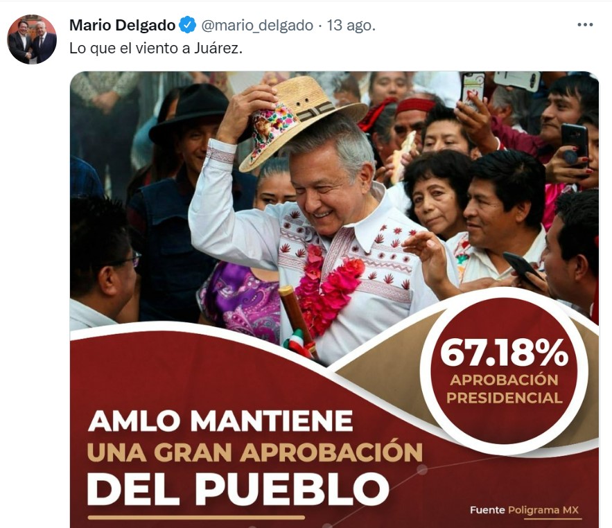 Mario Delgado informó que el mandatario mantiene una aprobación del 67.18% en la ciudadanía (Foto: Twitter/@mario_delgado)