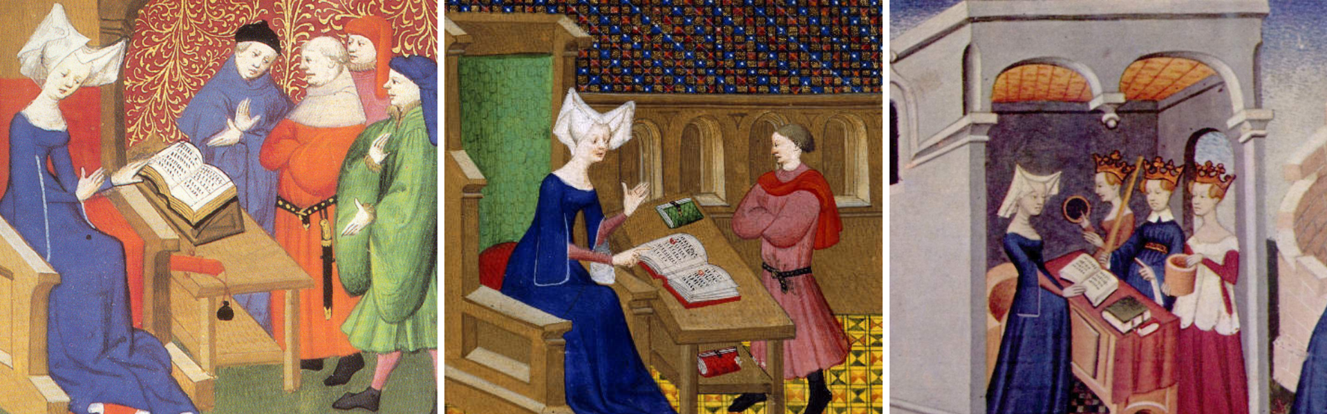 Tres ilustraciones donde aparece Christine de Pizan (Biblioteca Británica / Wikipedia)