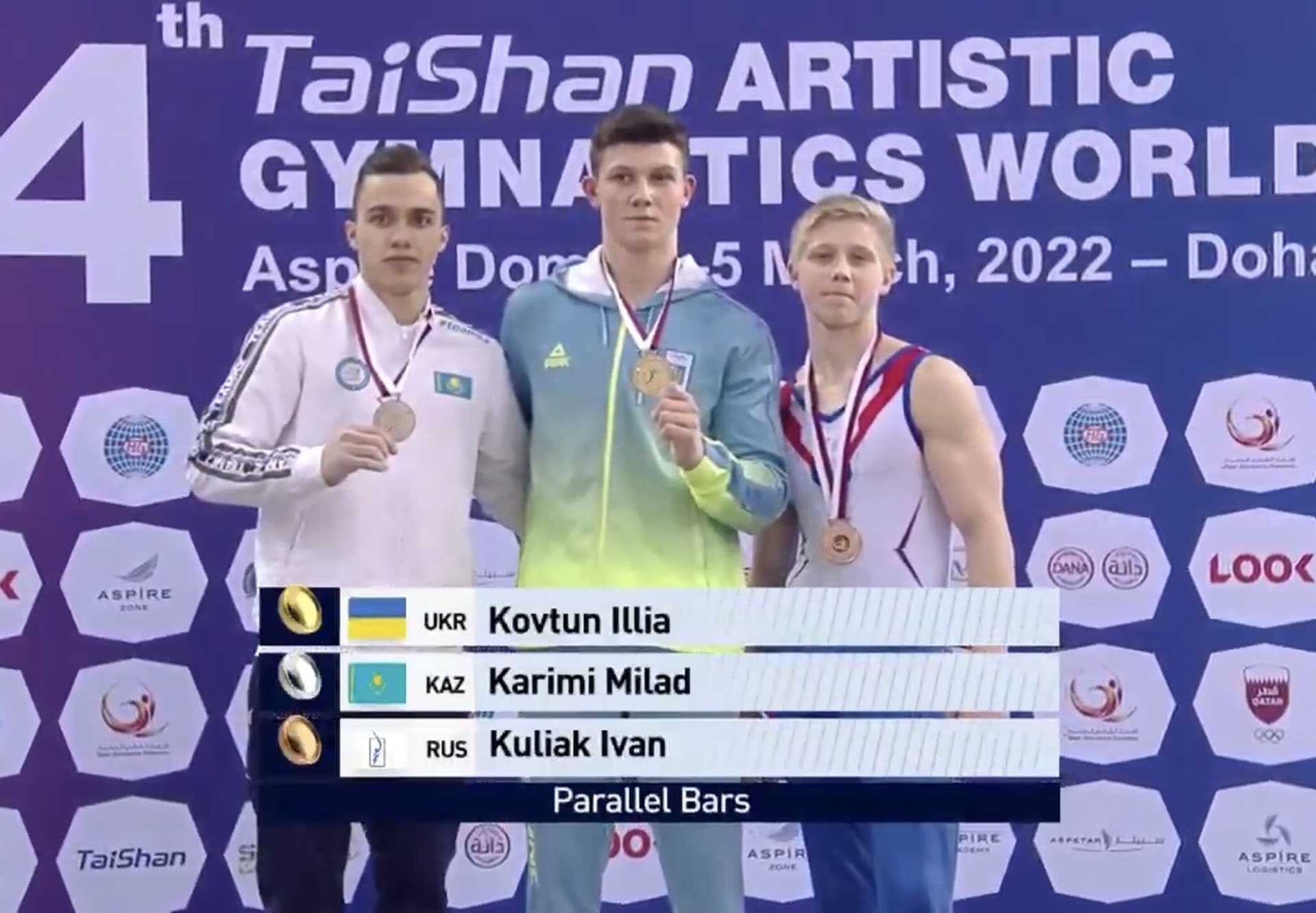 El polémico podio del gimnasta ruso Ivan Kuliak junto con un atleta ucraniano. 