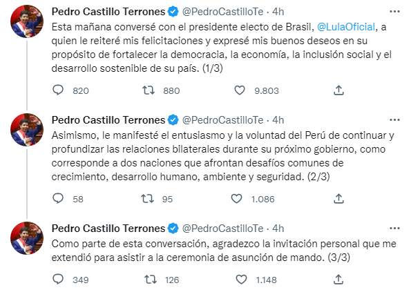 Tuits de Pedro Castillo (Twitter: @PedroCastilloTe)