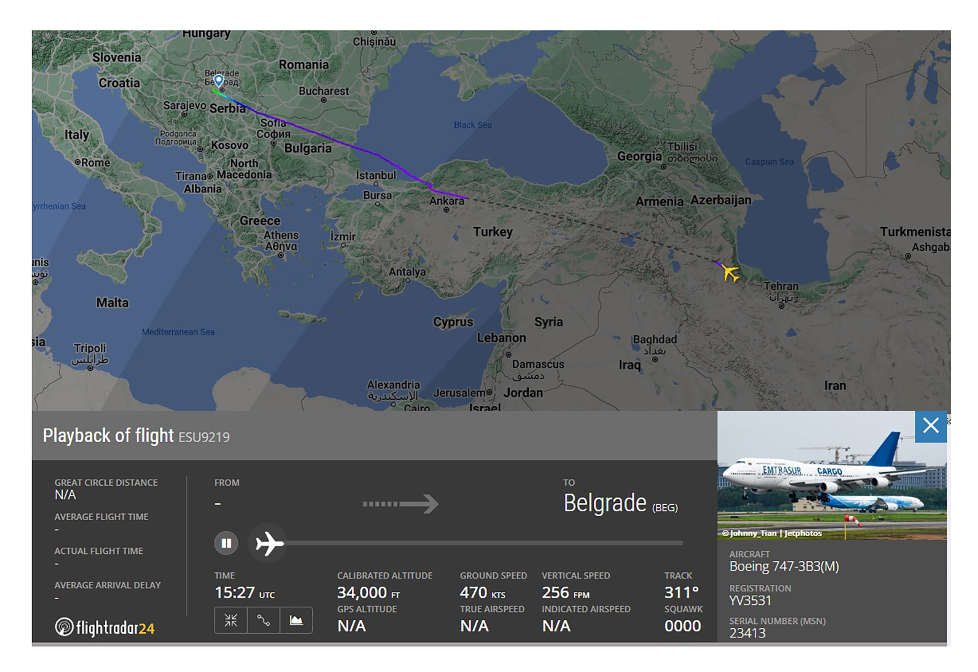 El itinerario del vuelo del avión venezolano de Moscú (Rusia) a Belgrado, en Serbia. (Imagen: Flight Radar)