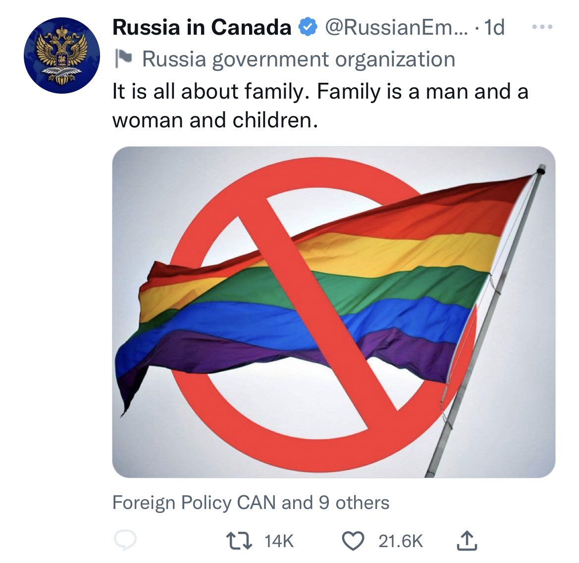 An anti-LGBTQ social tweet from the Russian Embassy in Canada