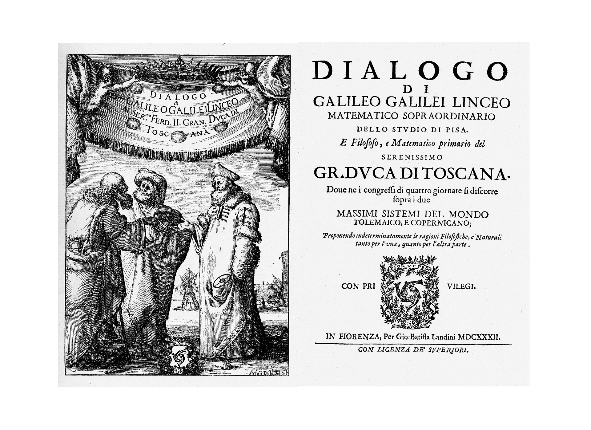 “El Diálogo", tratado de Galileo Galilei donde se burlaba implícitamente del geocentrismo de Ptolomeo y tenía una clara tendencia pro-copernicana. Fue el centro de todo el debate que se generó en torno al astrónomo nacido en Pisa