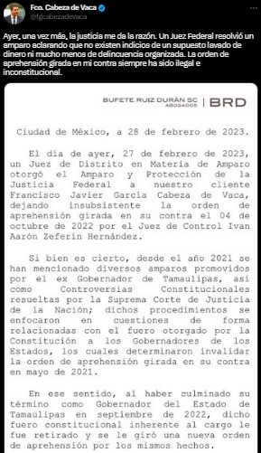 El exgobernador de Tamaulipas compartió la información en sus redes sociales (Twitter/@fgcabezadevaca)