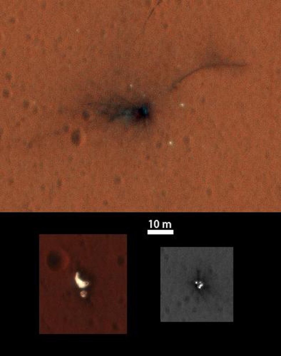 El módulo de aterrizaje Schiaparelli de la Agencia Espacial Europea se estrelló contra la superficie de Marte en 2016, como se ve en estas fotos del lugar del accidente capturadas por el Mars Reconnaissance Orbiter de la NASA. NASA/JPL-Caltech/Univ. de arizona