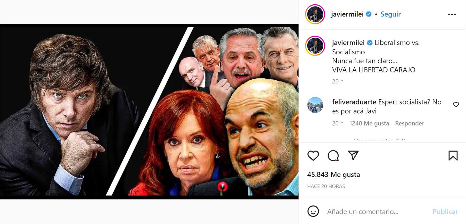 El posteo en Instagram del diputado nacional Javier Milei