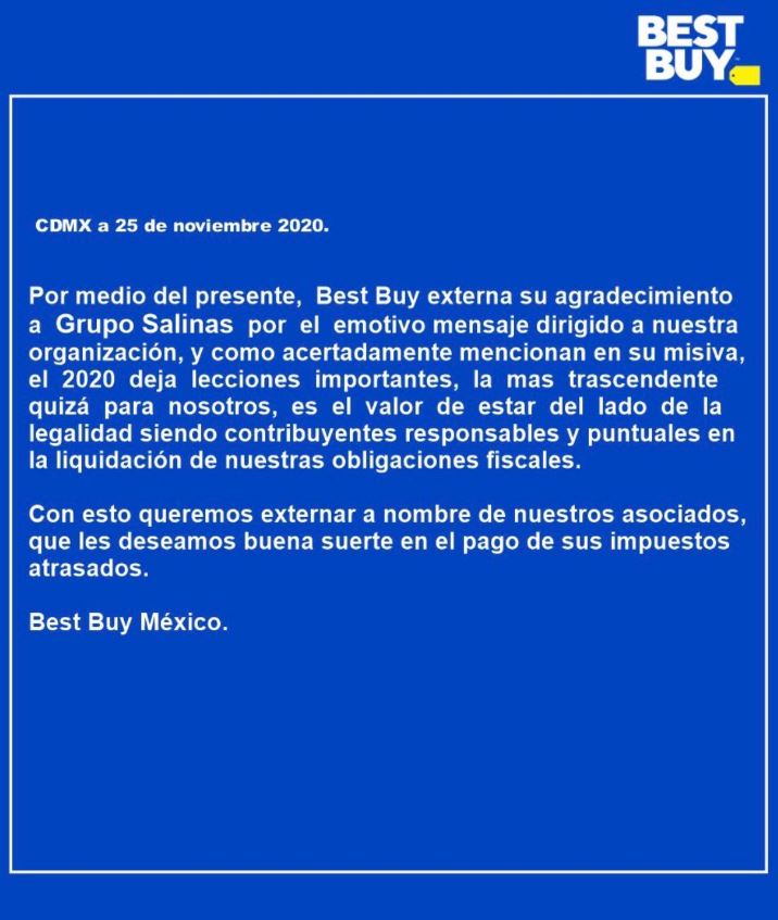 El supuesto comunicado de Best Buy México en donde "respondían" al documento publicado por Grupo Salinas (Imagen: captura de pantalla, Twitter @jess_jesafs80)