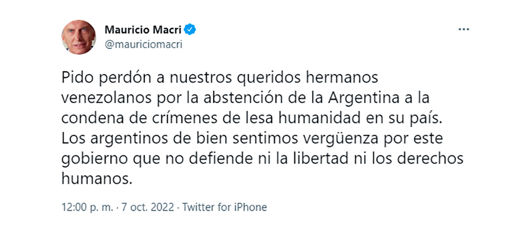 Tuit de Mauricio Macri sobre la posición de Argentina ante la ONU