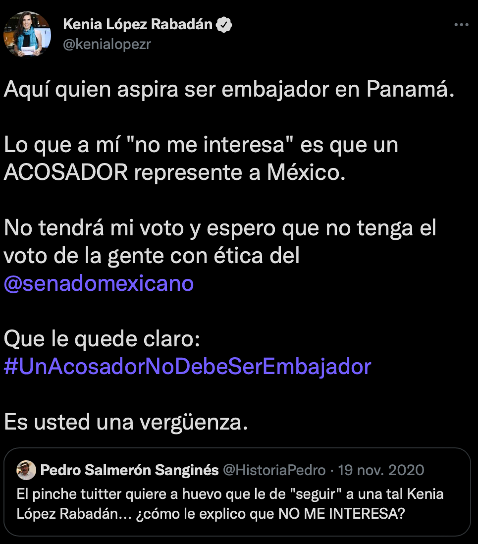 La senadora confía en que no tenga los votos necesarios en el senado para oficializarse como el nuevo embajador mexicano en Panamá (Foto: Twitter/@kenialopezr)