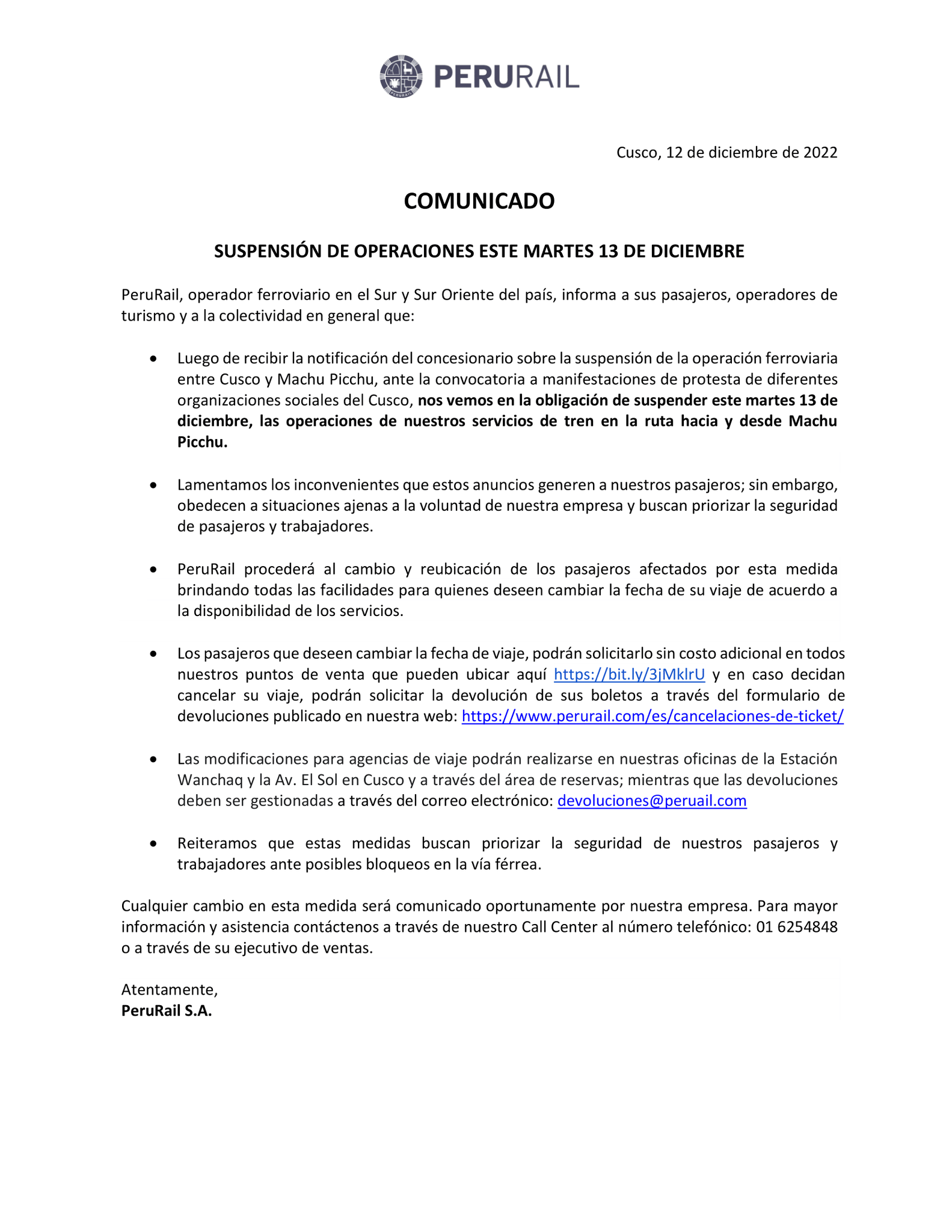 Comunicado oficial de PeruRail.