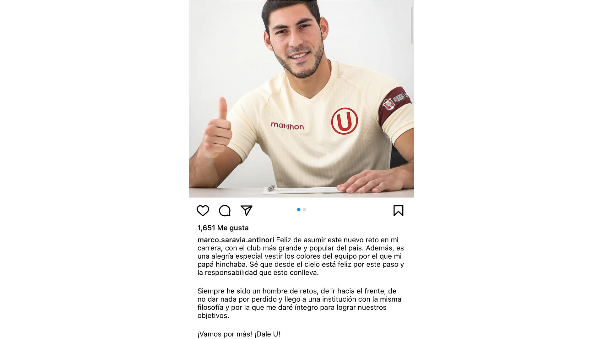 Marco Saravia y su mensaje en Instagram tras fichar por Universitario.