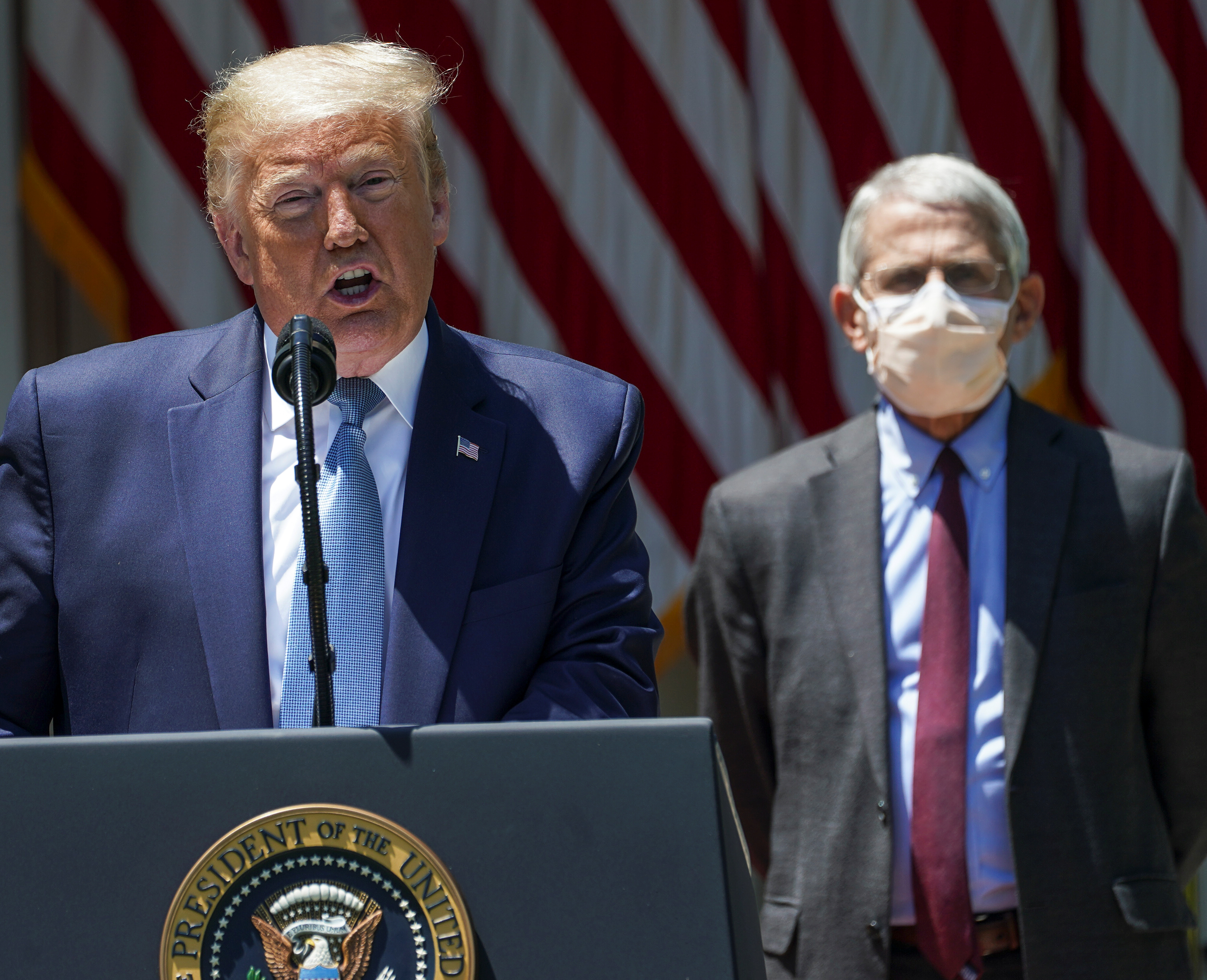 Donald Trump, presidente de Estados Unidos, junto al director del Instituto Nacional de Enfermedades Infecciosas, Anthony Fauci (REUTERS/Kevin Lamarque)