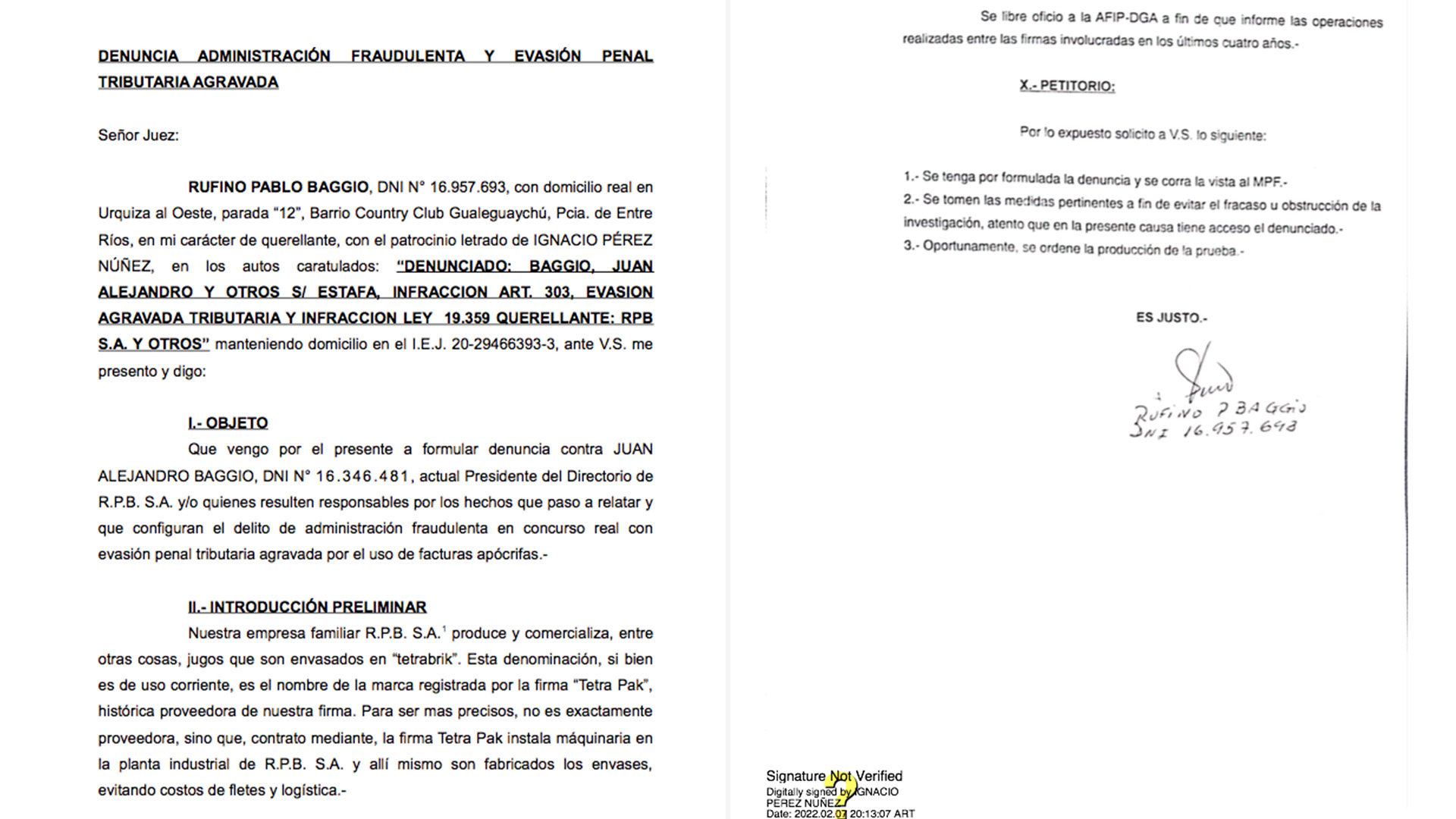 Parte de la nueva denuncia de "Pino" Baggio contra su hermano Alejandro por presunto sobreprecios en la importación de envases y desvío de fondos al exterior
