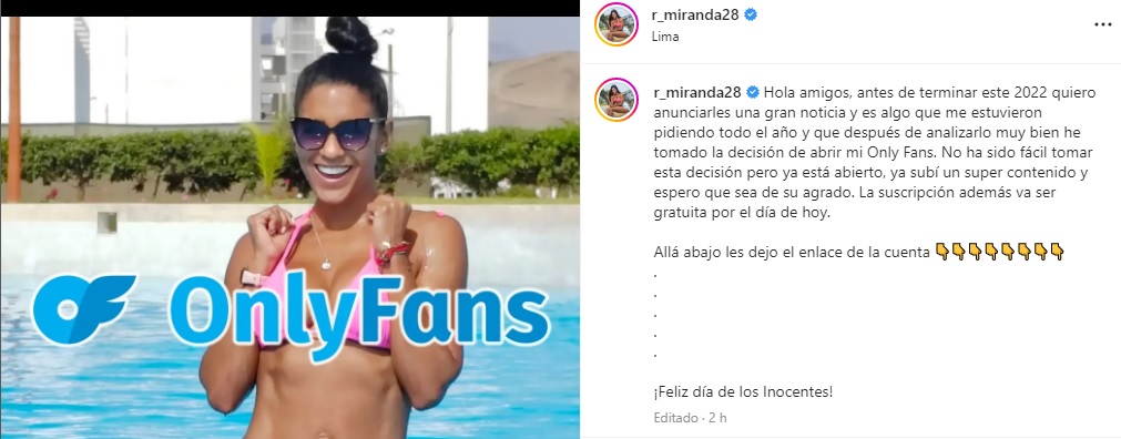 Rocío Miranda y su broma con cuenta de OnlyFans. Instagram.