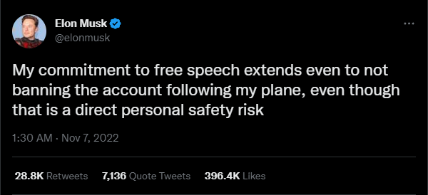 Elon Musk's tweet in which he assures that he will not delete the account