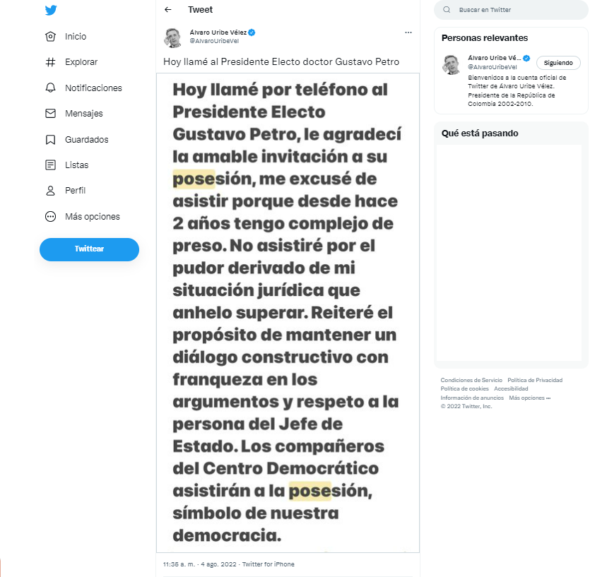 Trino de Uribe sobre la posesión de Gustavo Petro como presidente de Colombia