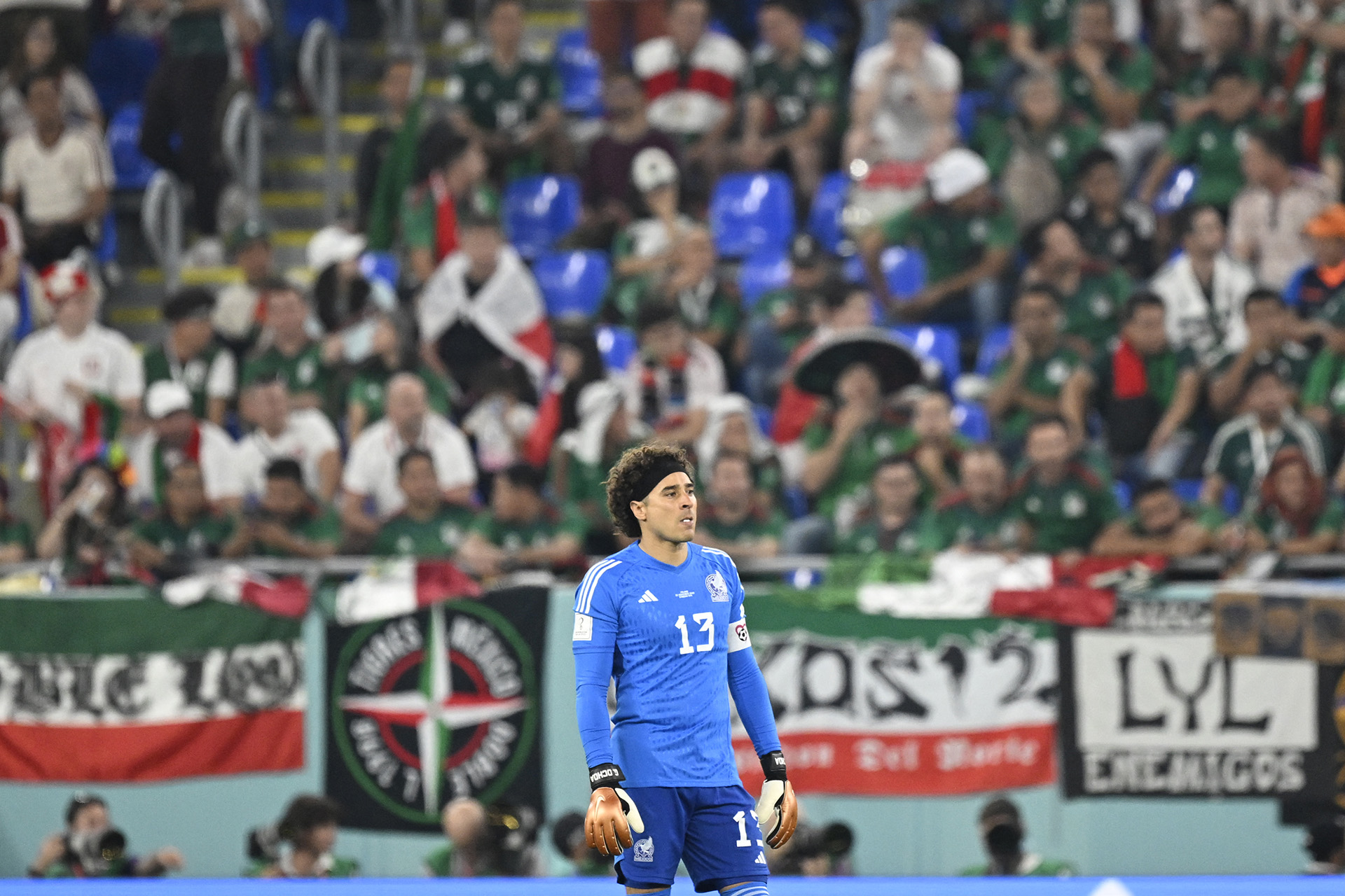 Mexico's goalkeeper #13 Guillermo Ochoa looks on during the Qatar 2022 World Cup Group C football match between Mexico and Poland at Stadium 974 in Doha on November 22, 2022. (Photo by Alfredo ESTRELLA / AFP)