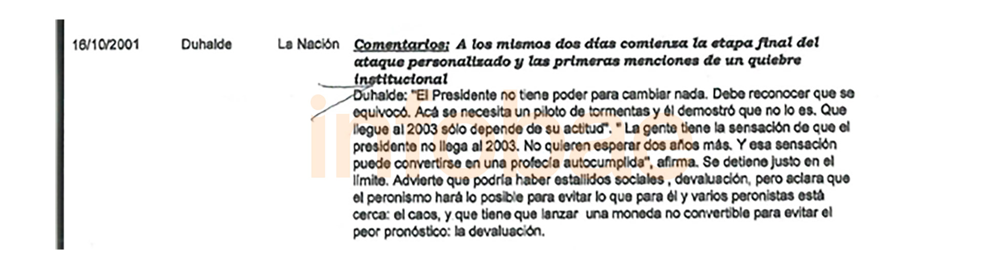 Cronología de su gestión que guardaba De la Rúa