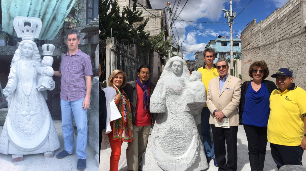 A la izquierda, Diego Riofrío Jaramillo junto a la escultura de la Virgen. A la derecha, vestidos de amarillo Diego Riofrío Jaramillo (en el centro) y Yuber Cuenca.