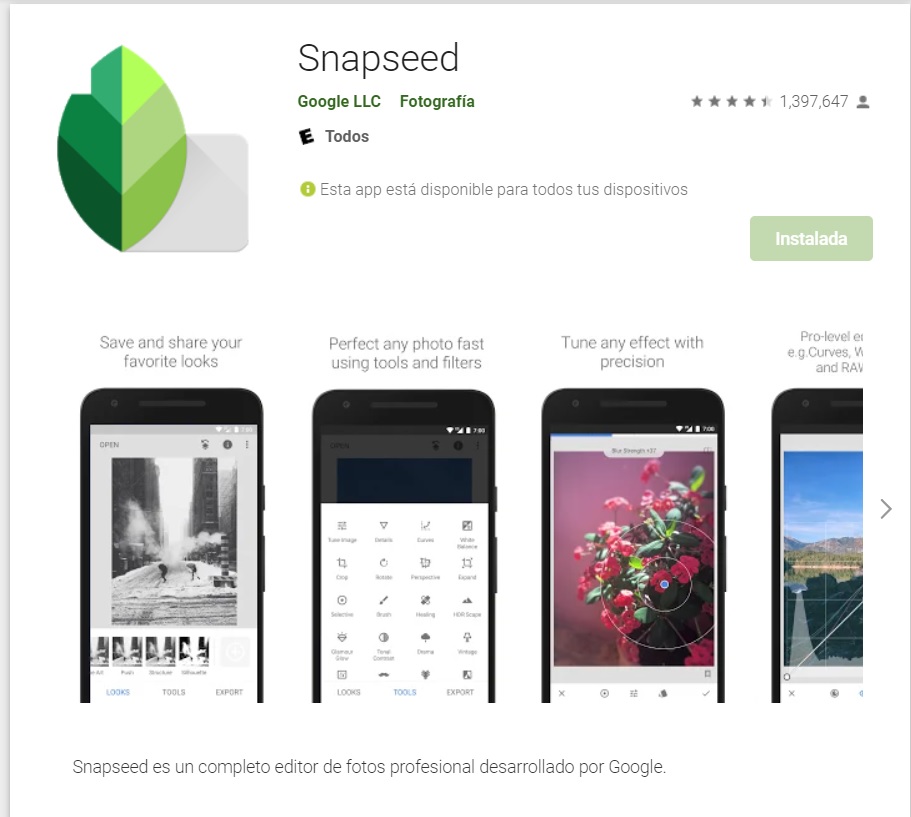Snapseed Editor es una aplicación desarrollada por Google