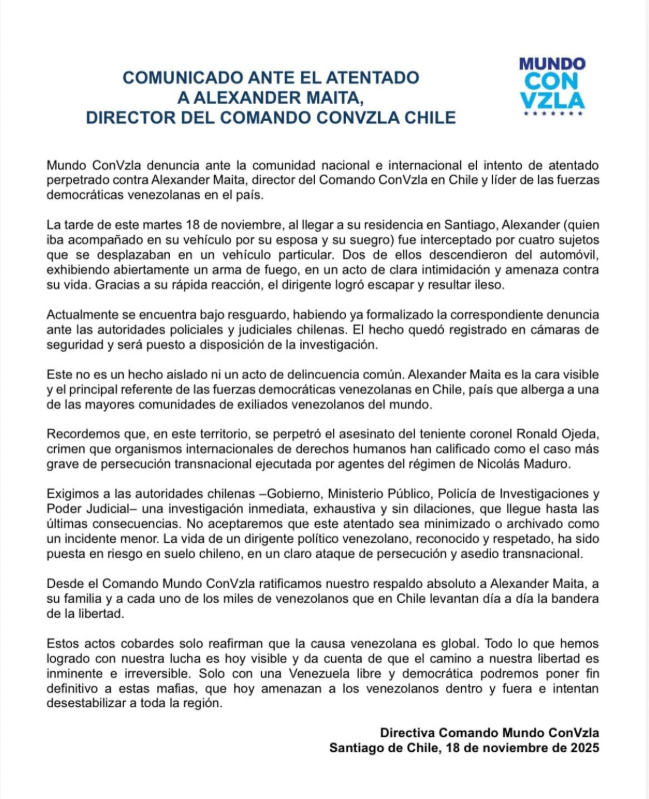 Hombres armados interceptaron el vehículo del coordinador de María Corina Machado en Chile en un presunto ataque dirigido