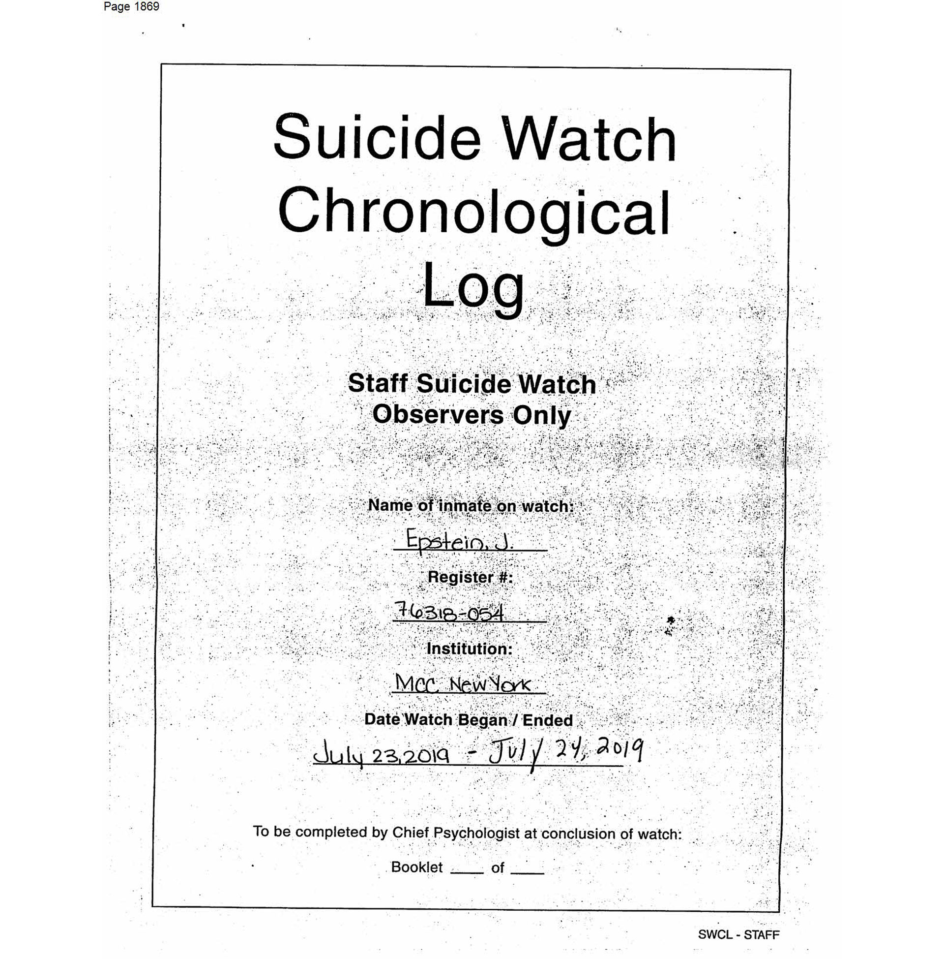 Imagen del "Registro cronológico de vigilancia de suicidios" por el recluso Jeffrey Epstein (AP)