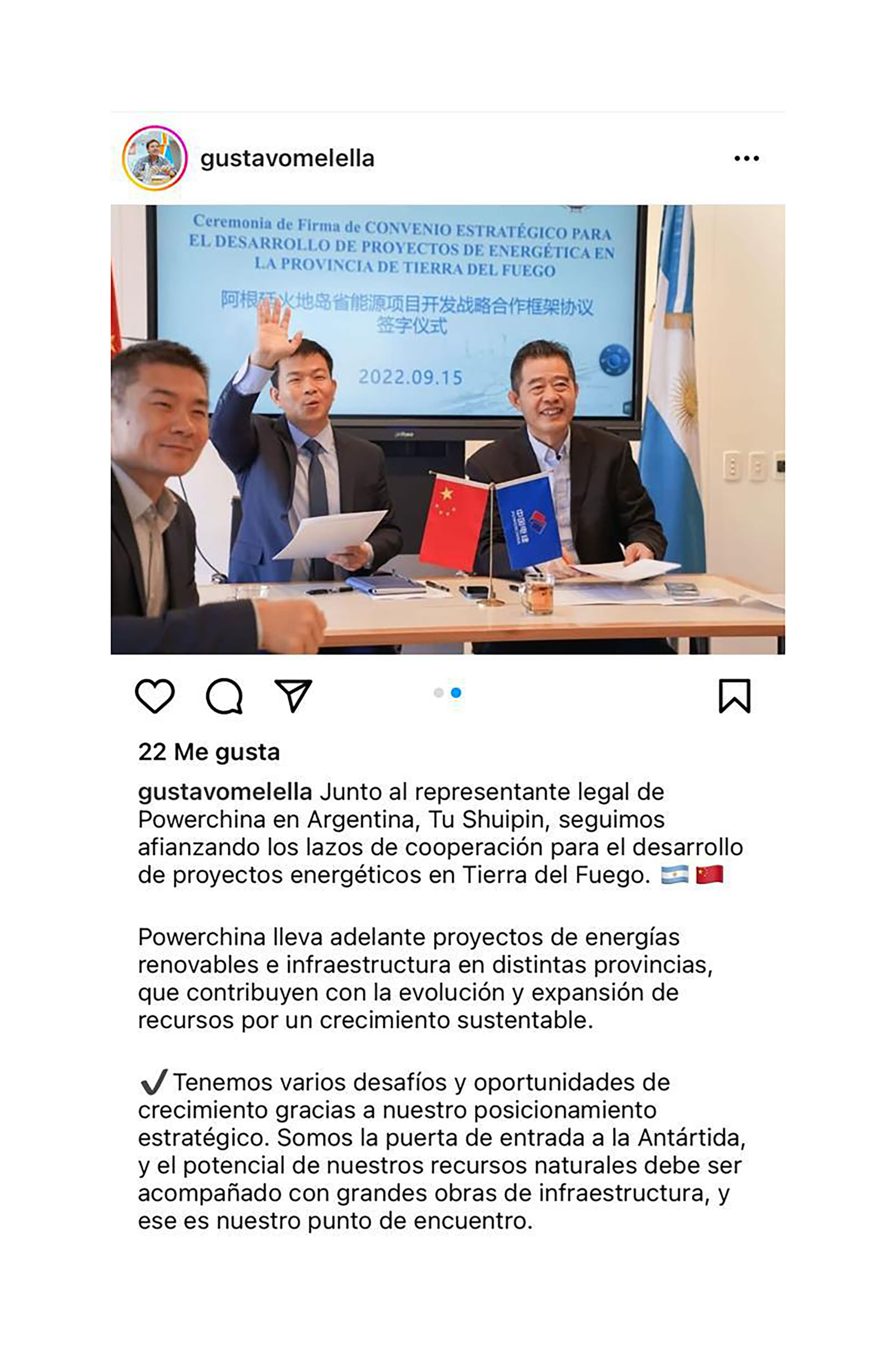 El gobernador de Tierra del Fuego, Gustavo Melella, feliz con la llegada de capitales asociados al régimen chino a la provincia (Instagram)