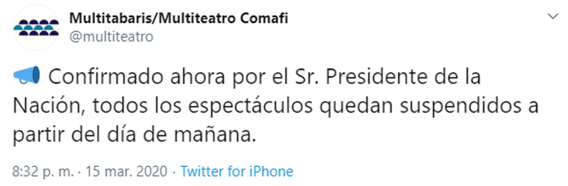 Tuit de Carlos Rottemberg anunciando la suspensión de los espectáculos teatrales.