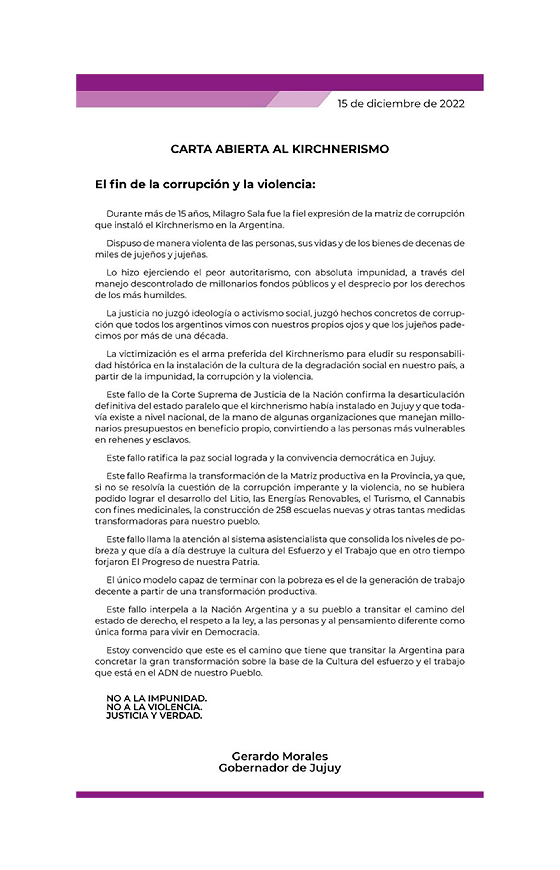 Carta Abierta contra el Kirchnerismo de Gerardo Morales, luego de que la Corte Suprema ratificara la condena a 13 años de prisión de Milagro Sala. 