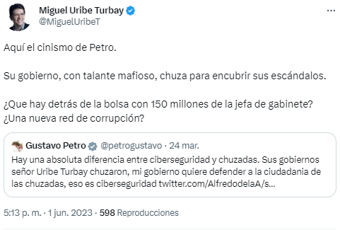 El congresista Miguel Uribe le dijo al gobierno de Petro, que actúa "con talante mafioso y chuza para encubrir sus escándalos". Twitter/@MiguelUribeT.