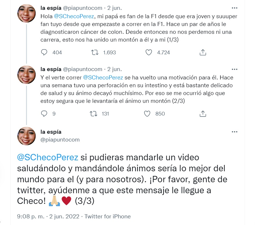 Checo Pérez mandó un saludo a uno de sus fanático enfermo de cáncer (Foto: Twitter/@piapuntocom)