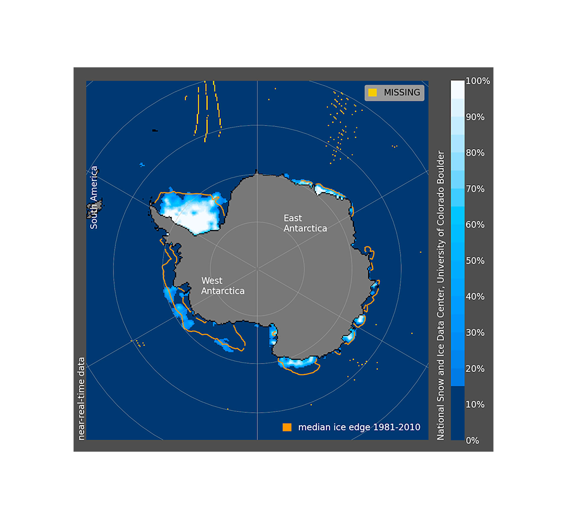 Concentración del hielo marino antártico el 13 de febrero de 2023. La línea naranja representa la mediana de la extensión del hielo marino correspondiente al periodo 1981-2010. National Snow and Ice Data Center, Universidad de Colorado, Boulder (NSIDC)
