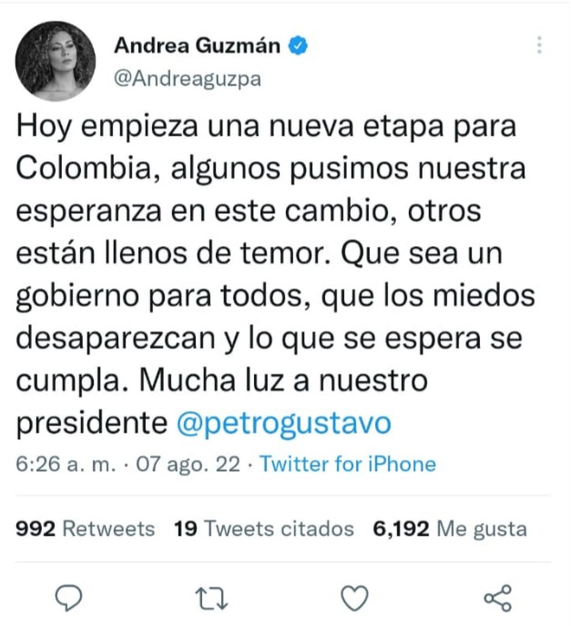 Andrea Guzmán reacciona a la toma de posesión del presidente Gustavo Petro.  Foto: Twitter