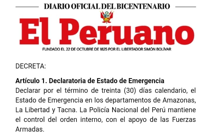 Estado de Emergencia en Tacna, La Libertad y Amazonas