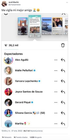 Jordi Martin compartió que Gerard Piqué revisa sus historias de Instagram y lo dejó en Twitter. @jmpaparazzo/Twitter