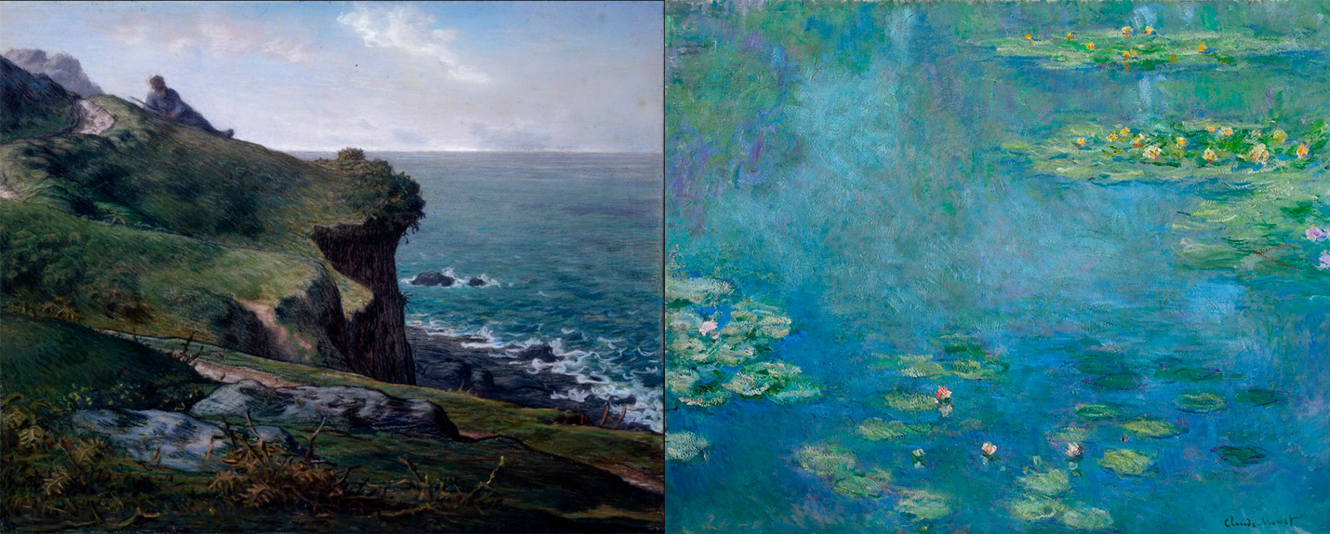 "Acantilado de Greville" (1871), de Jean-François Millet y "Nenúfares" (1906), de Claude Monet, dos de las obras que el intor compró para la colección
