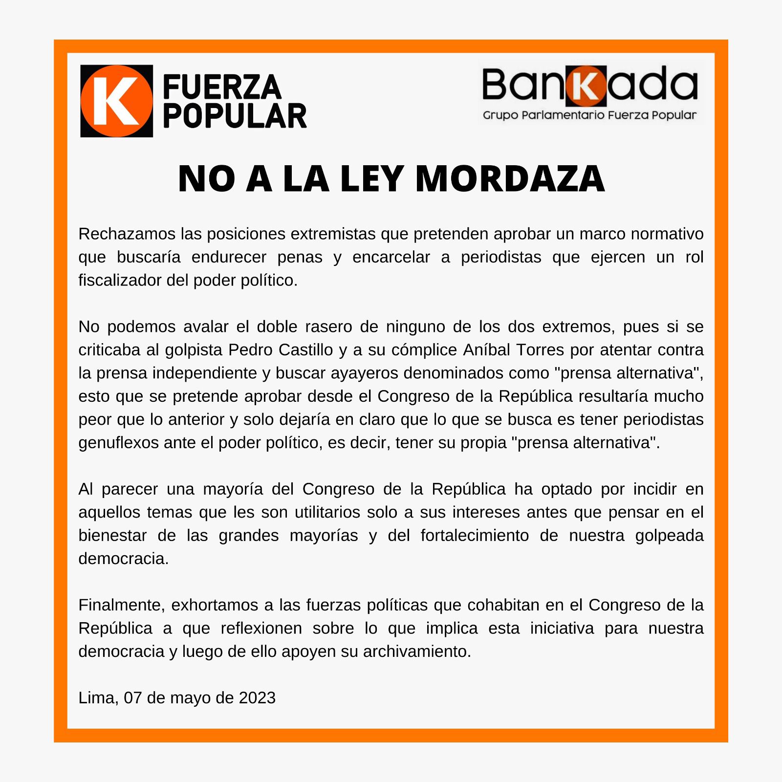 Pronunciamiento de Fuerza Popular por la ley mordaza