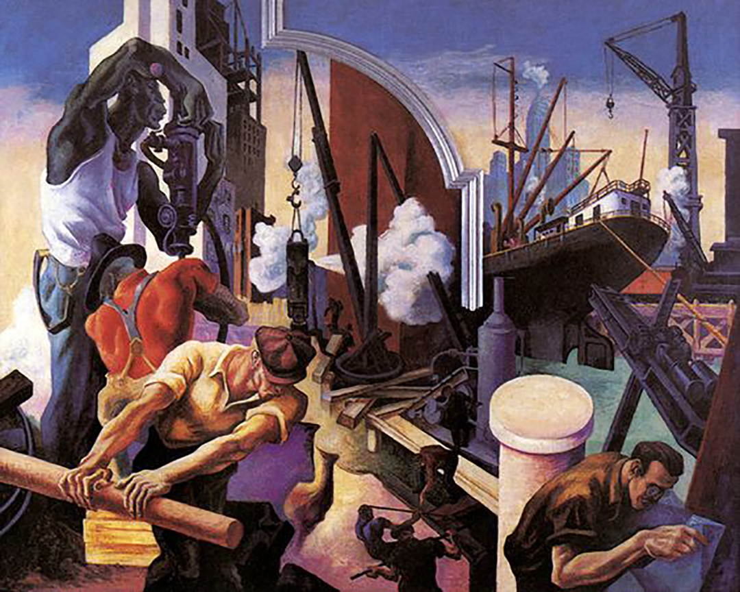 Detalle de "City Building", de Thomas Hart Benton.