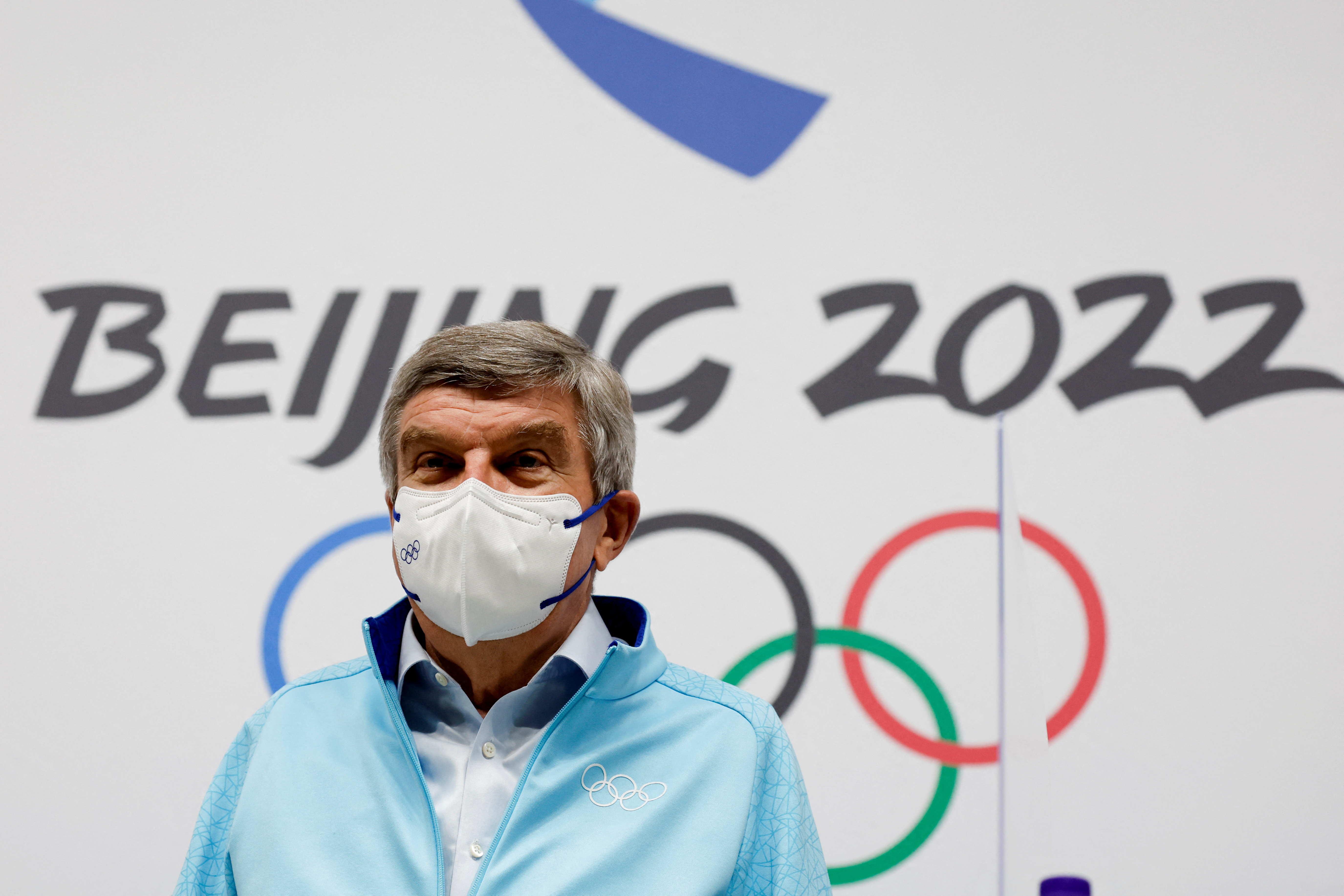 International Olympic Committee (IOC) President Thomas Bach attends a news conference during the Beijing Winter Olympics in Beijing, China, February 18, 2022. REUTERS/Tyrone Siu