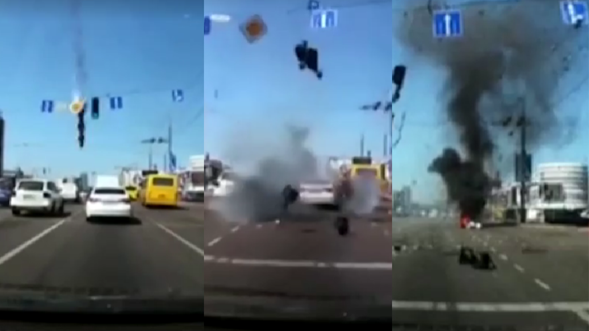 Una cámara grabó el momento en que partes de un misil casi caen sobre un carro en Kiev  