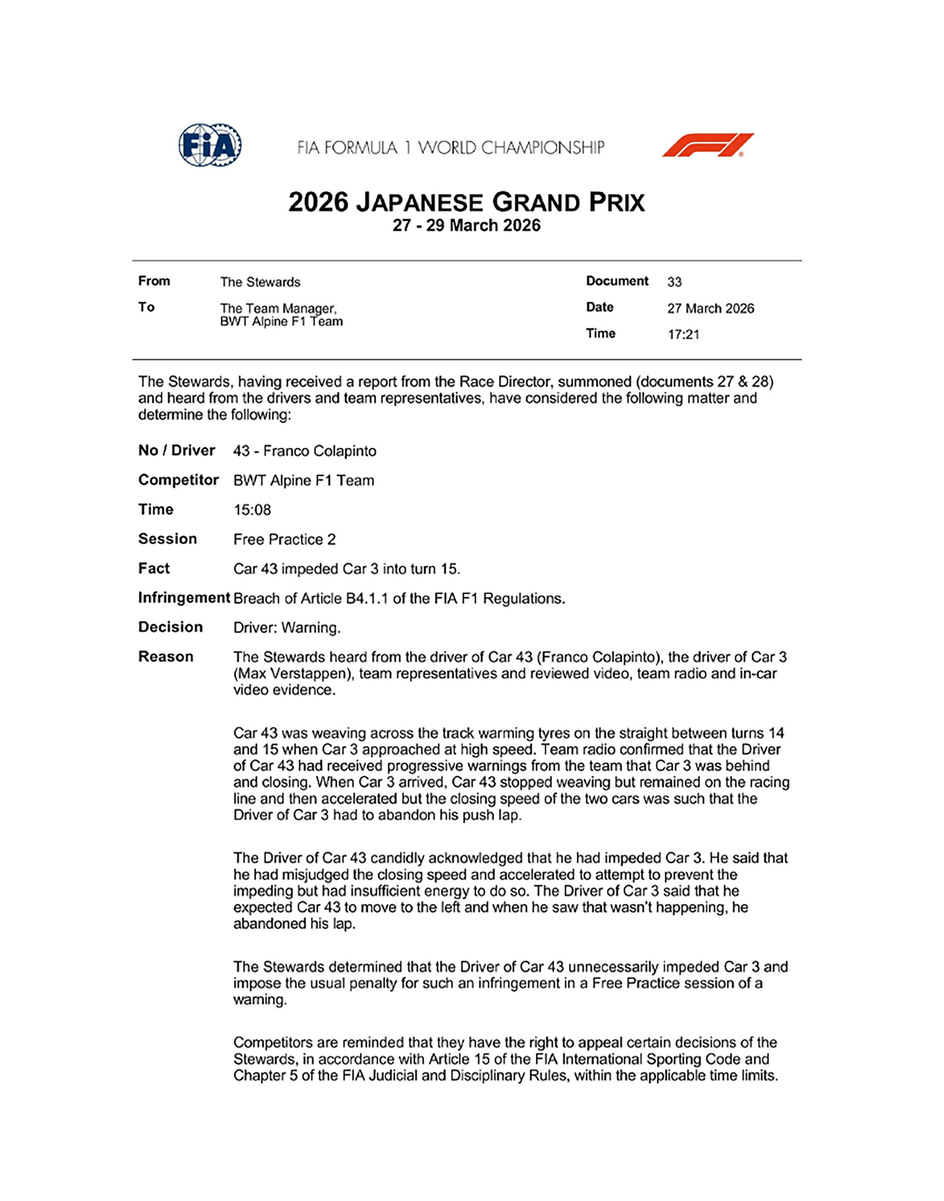 El video de la maniobra de Colapinto con Verstappen por la cual fue investigado en el GP de Jap&oacute;n de F&oacute;rmula 1: la sanci&oacute;n al argentino