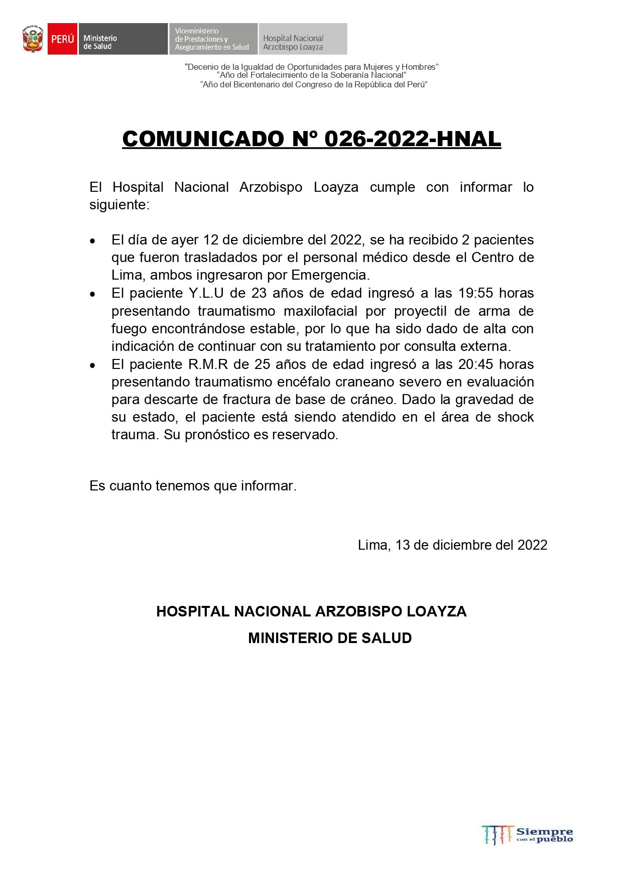 Comunicado Hospital Loayza