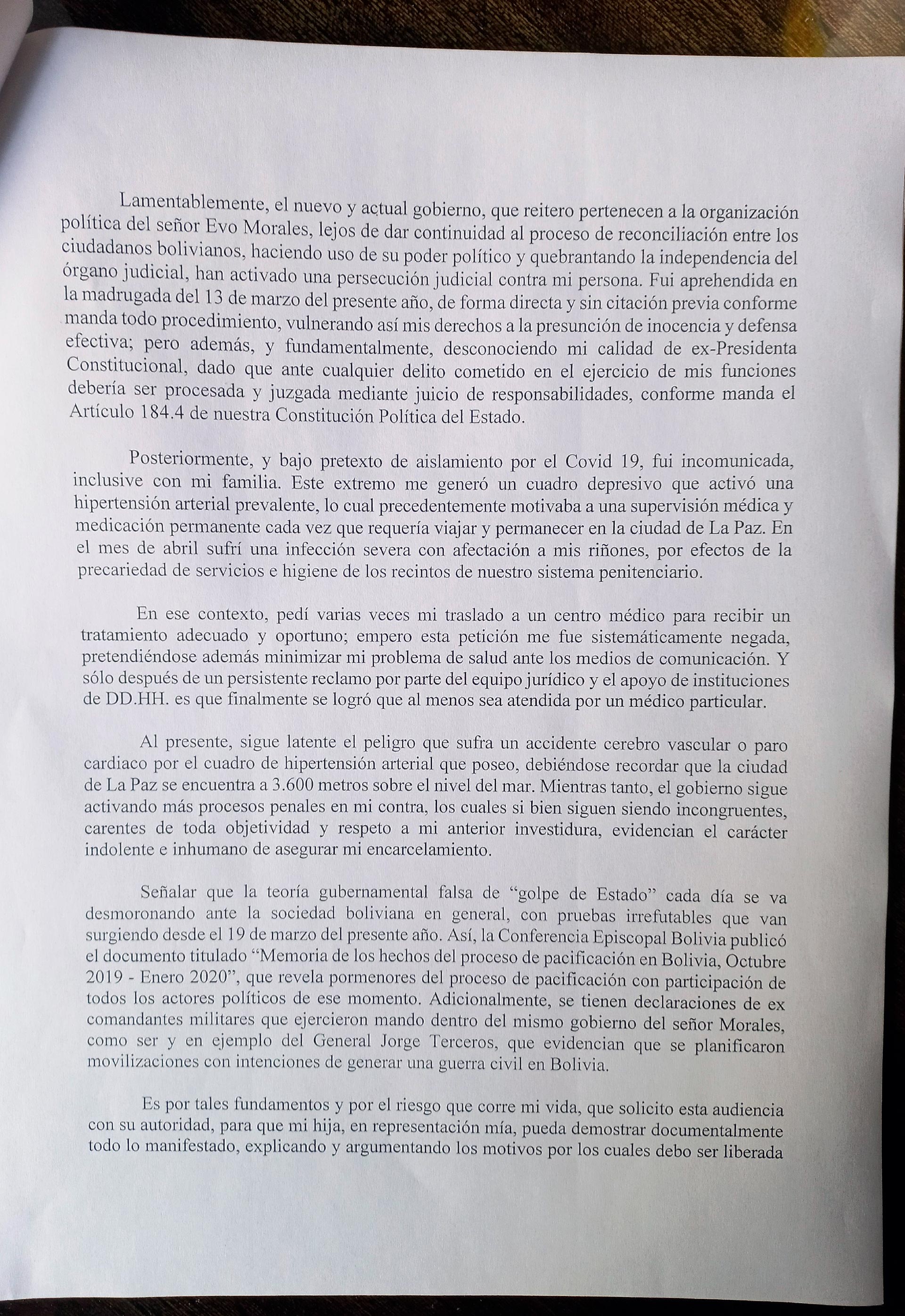 La carta de Jeanine Añez a Bachelet