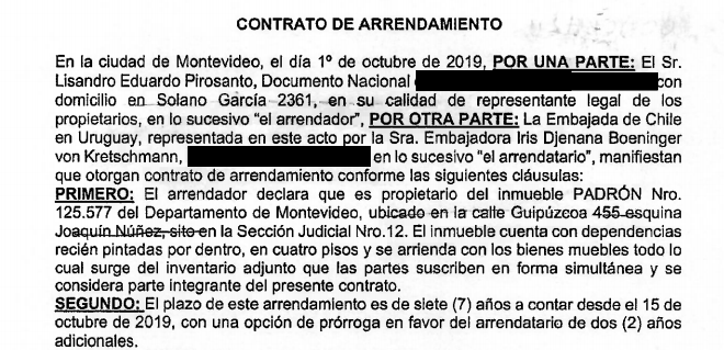 El contrato de alquiler firmado en octubre de 2019 entre la embajadora chilena en Uruguay y el contador del jugador, Lisandro Pirosanto.