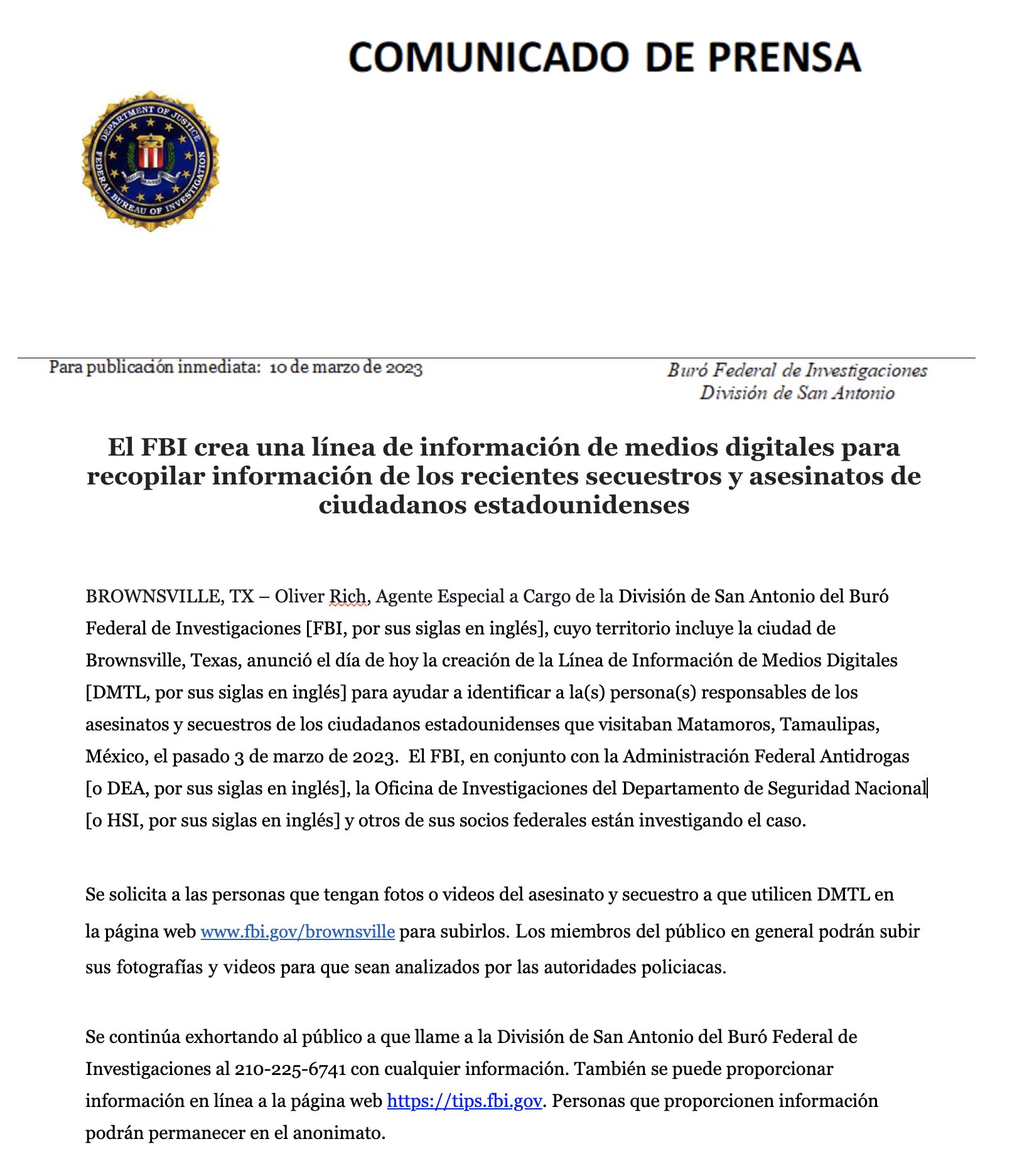 FBI exhortó a compartir información para esclarecer el crimen (Imagen: Twitter @USEmbassyMEX)