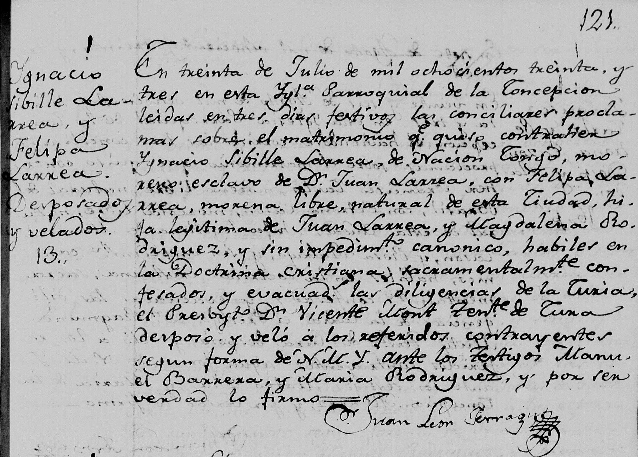 Acta de casamiento de Felipa con Ignacio Sibille Larrea, quien fue cocinero del general Juan Lavalle. Gentileza Ariel Ortiz.