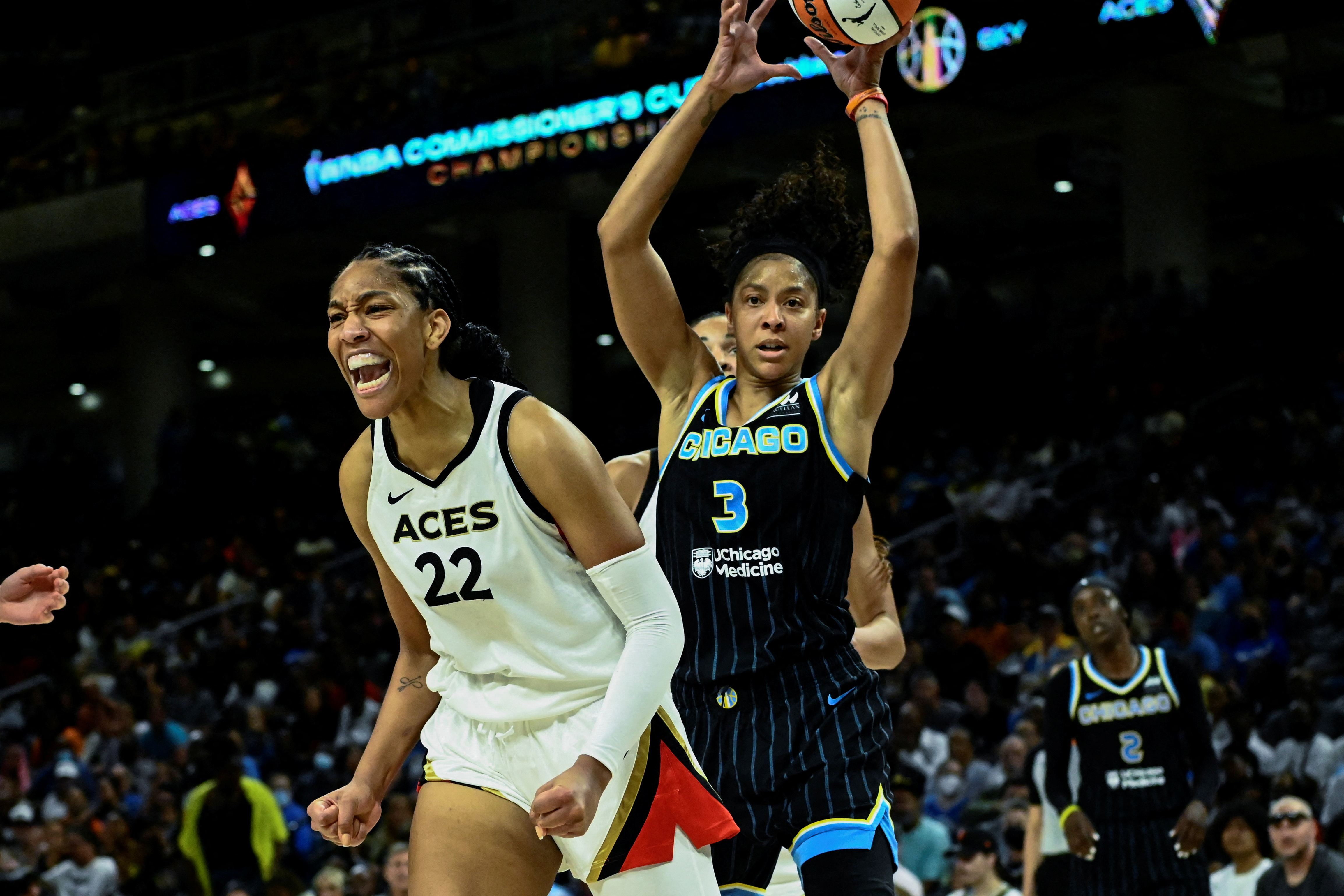 FILE PHOTO: Jul 26, 2022; Chicago, IL, USA;  Las Vegas Aces forward A'ja Wilson (22) yells after scoring against Chicago Sky forward Candace Parker (3) during the second half of the Commissioners Cup-Championships at Wintrust Arena. Mandatory Credit: Matt Marton-USA TODAY Sports/File Photo