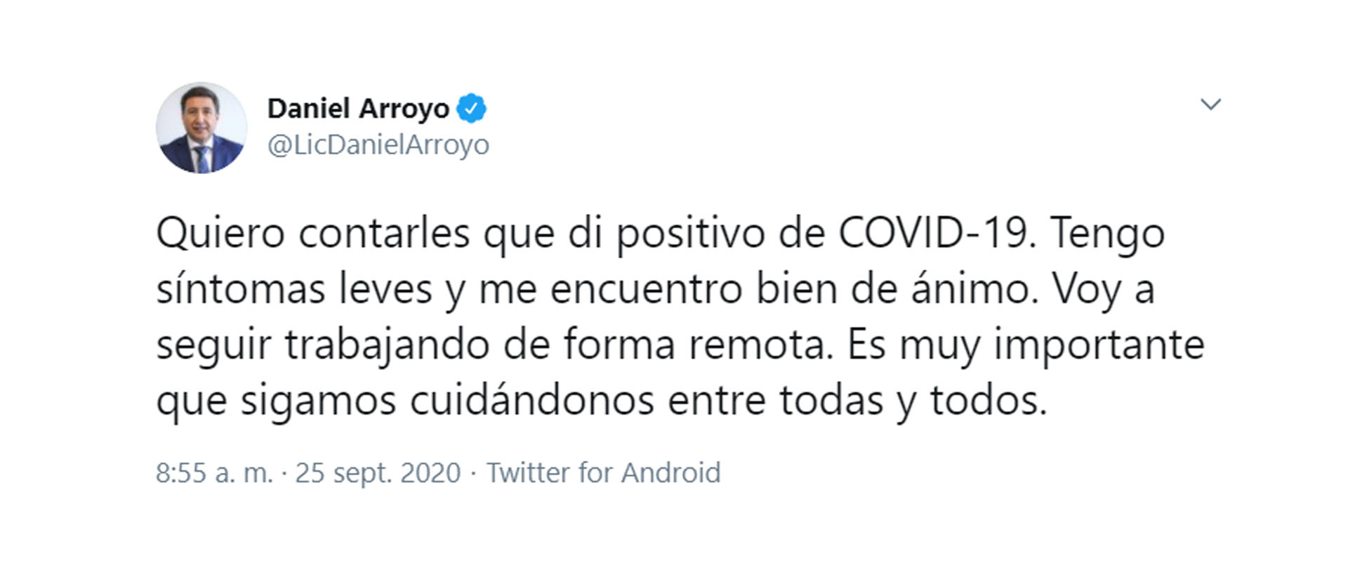 El mensaje de Daniel Arroyo en su cuenta personal de Twitter. 