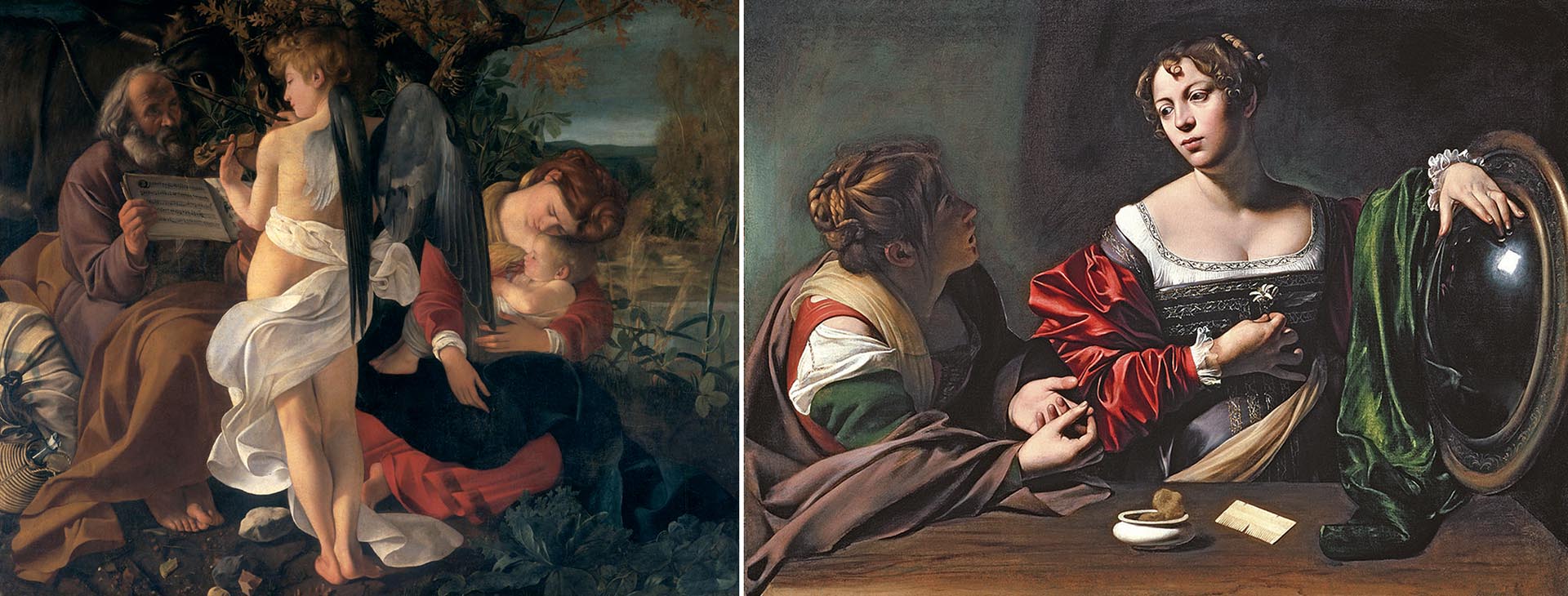 "Descanso en la huida a Egipto" (1597), en Galleria Doria Pamphilj, y "Marta y María Magdalena" (1598), en el Detroit Institute of Arts
