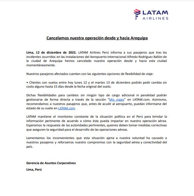 Comunicado de Latam por cierre del aeropuerto de Arequipa